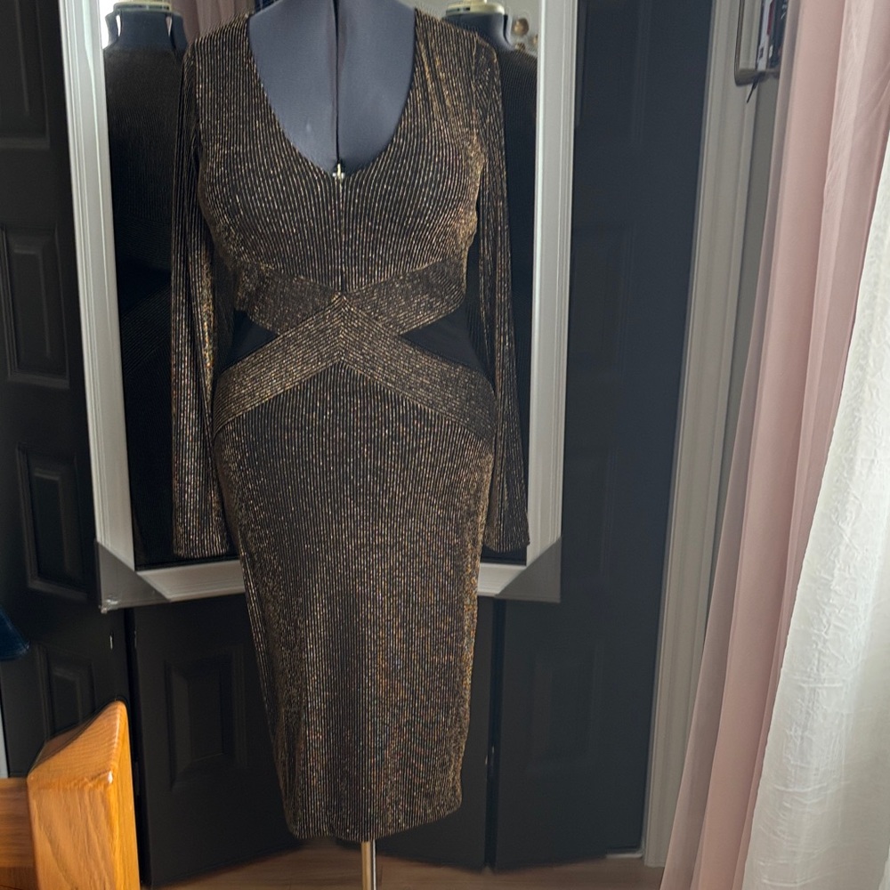 RACHEL Rachel Roy Black and Gold Long Sleeve Dress